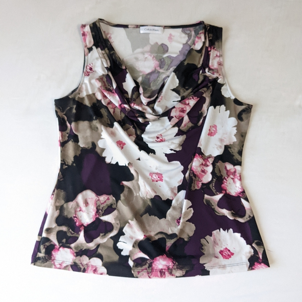 Calvin Klein Floral Print Cowl Neck Sleeveless Blouse Medium